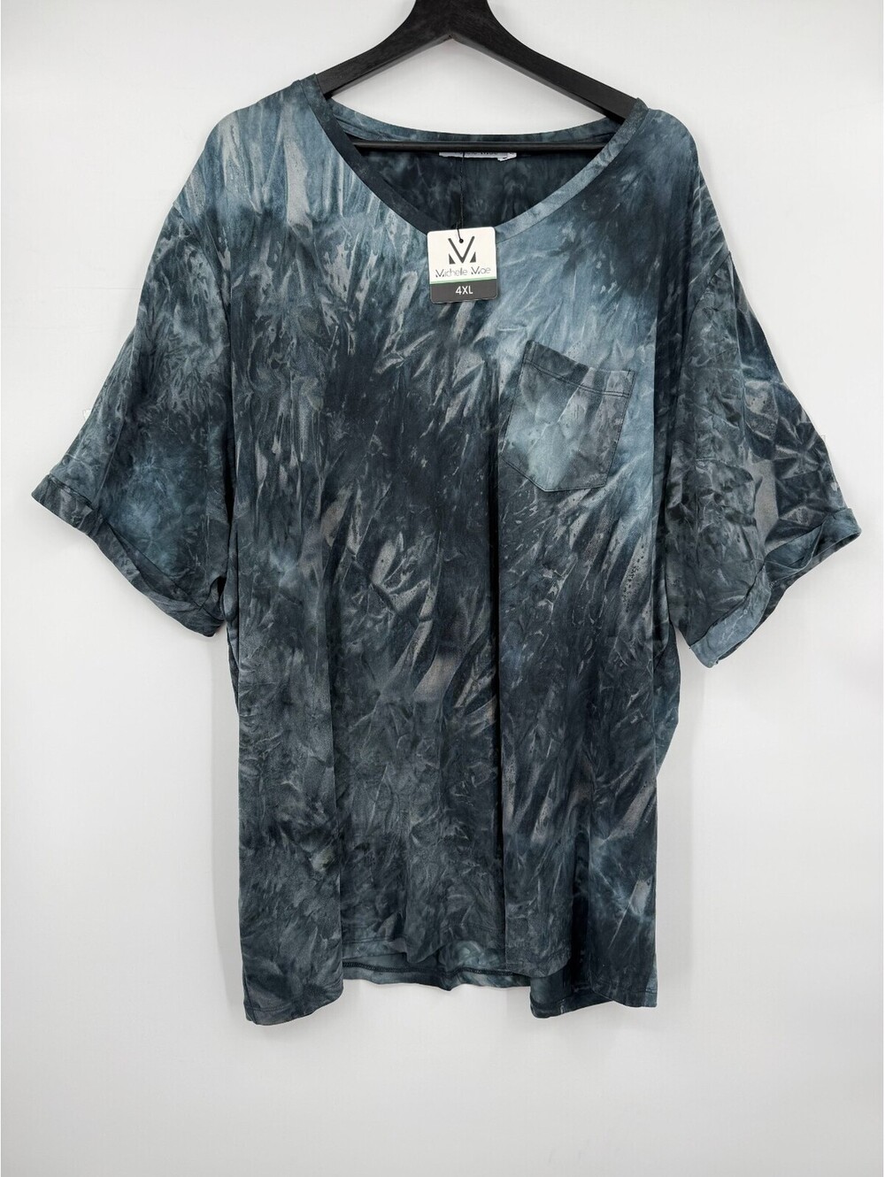 Michelle Mae Womens Tie Dye Pocket Tee Blue Grey Short Sleeve V-Neck Size 4XL